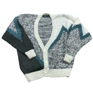 Vintage Cardigan Sweater Men Medium Green Grandpa Geometric 90s Chunky Funky